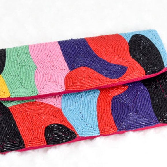 Multicolor Abstract Pattern Seed Bead Clutch Bag - Picture 6 of 8